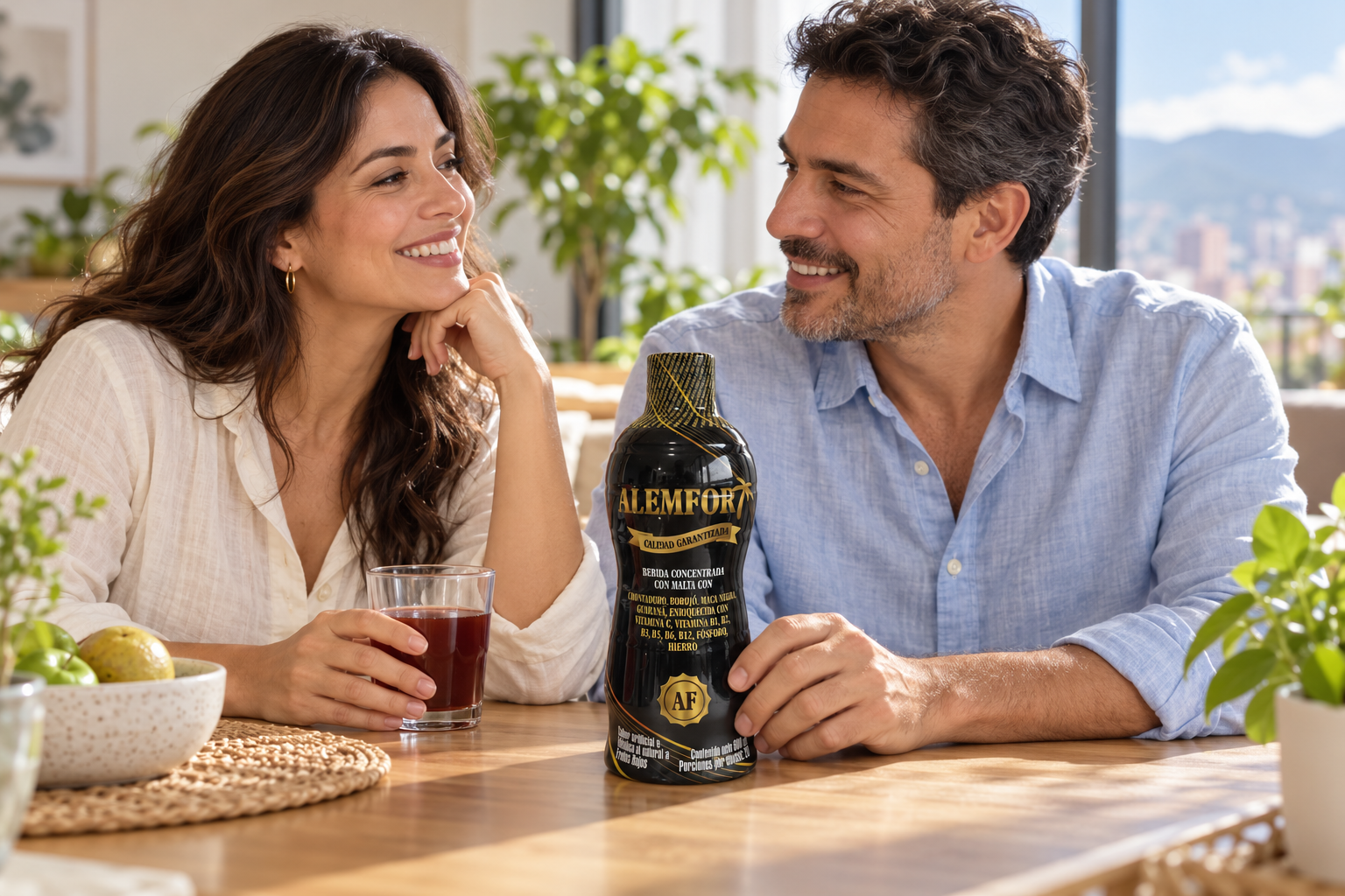 Escena ilustrativa generada con IA: dos adultos en una mesa, ella sostiene un vaso y él presenta una botella ALEMFOR